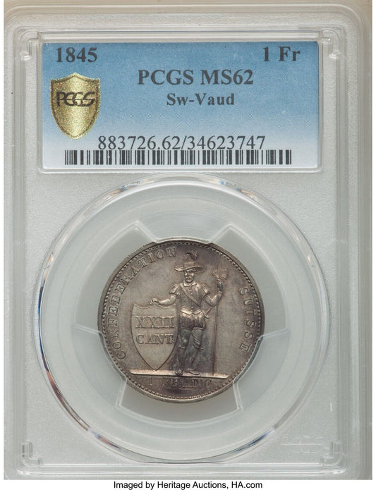 1845 1 FRANC PCGS MS 62 SWITZERLAND VAUD