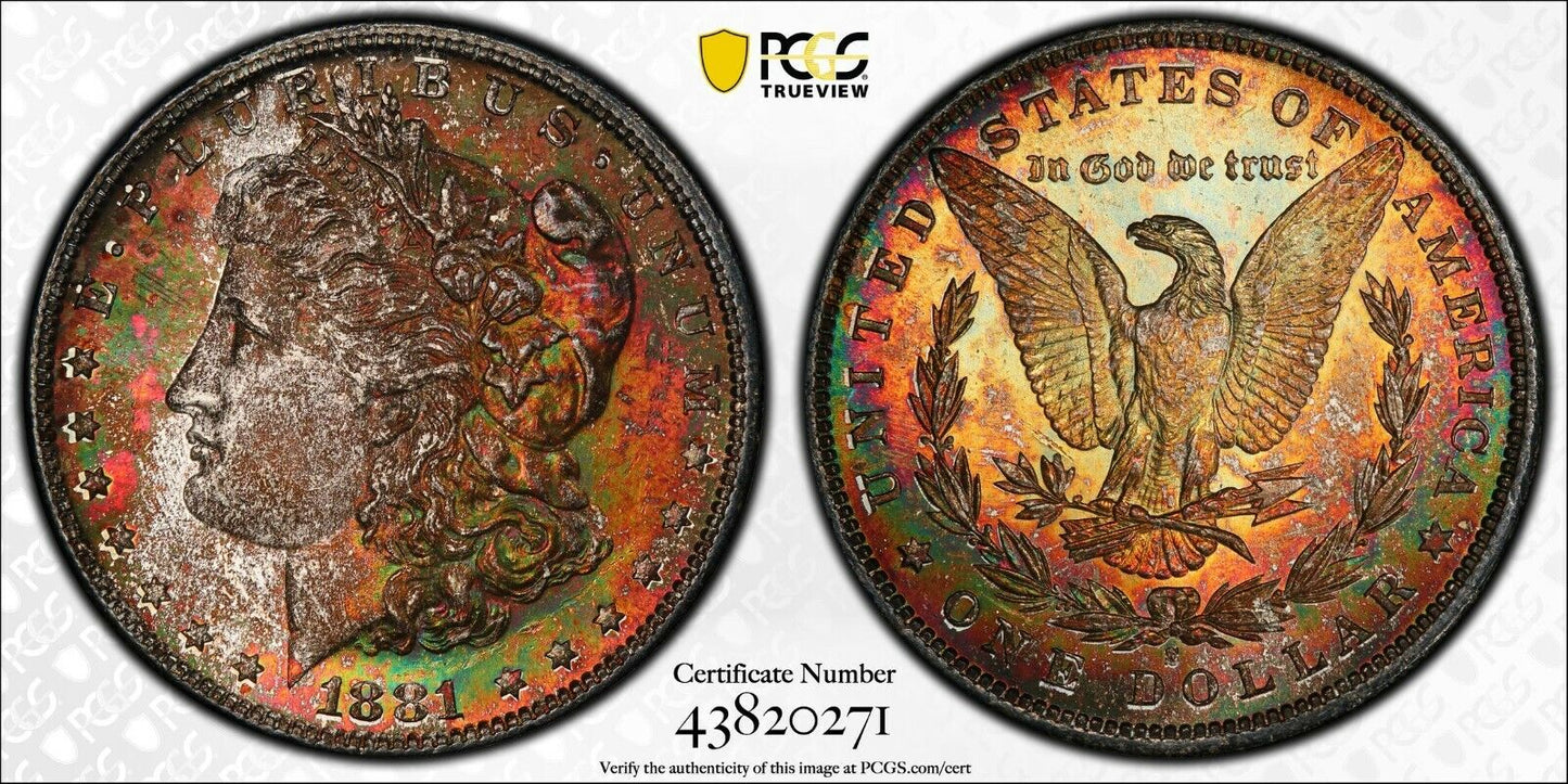 1881-S MORGAN SILVER DOLLAR $1 PCGS MS64 CAC TIDY HOUSE RAINBOW TONER