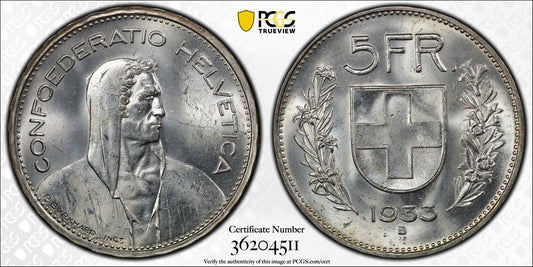 1933 B 5 FRANC PCGS MS 64 SWITZERLAND