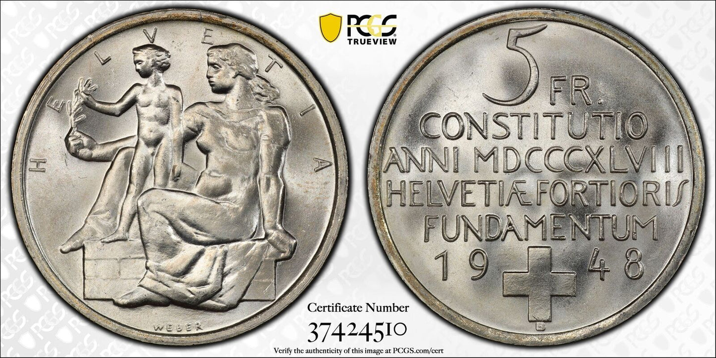 1948 B 5 FRANC PCGS MS 66 SWITZERLAND
