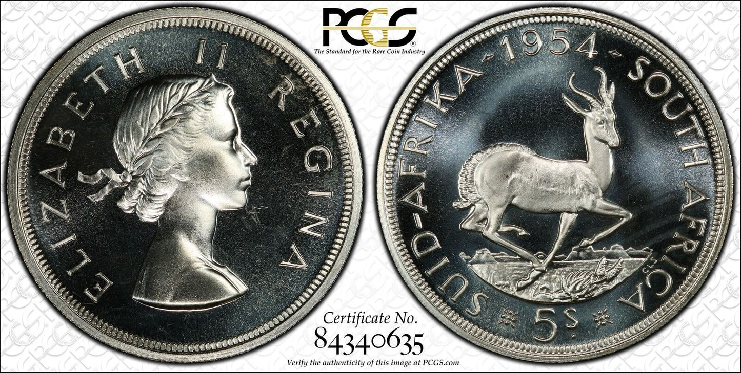 1954 5 SHILLING PCGS PR 65 CAMEO SOUTH AFRICA ELIZABETH II