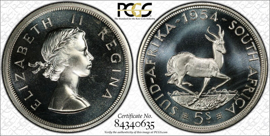 1954 5 SHILLING PCGS PR 65 CAMEO SOUTH AFRICA ELIZABETH II