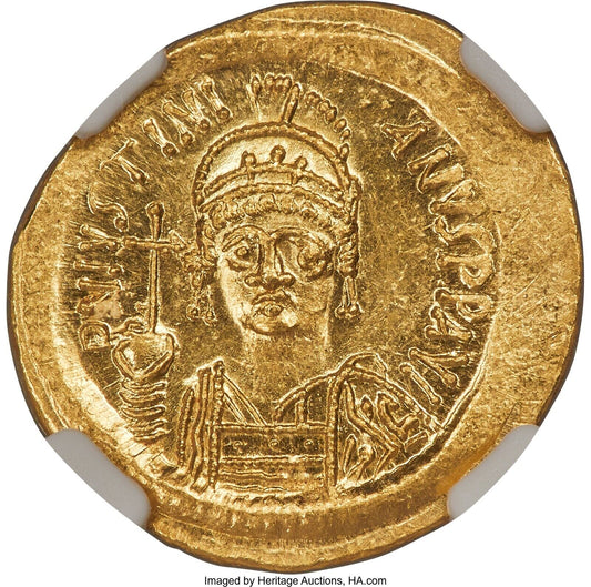 Justinian I, AD 527-565 BYZANTINE EMPIRE AV Solidus NGC MS60 PL Surfaces