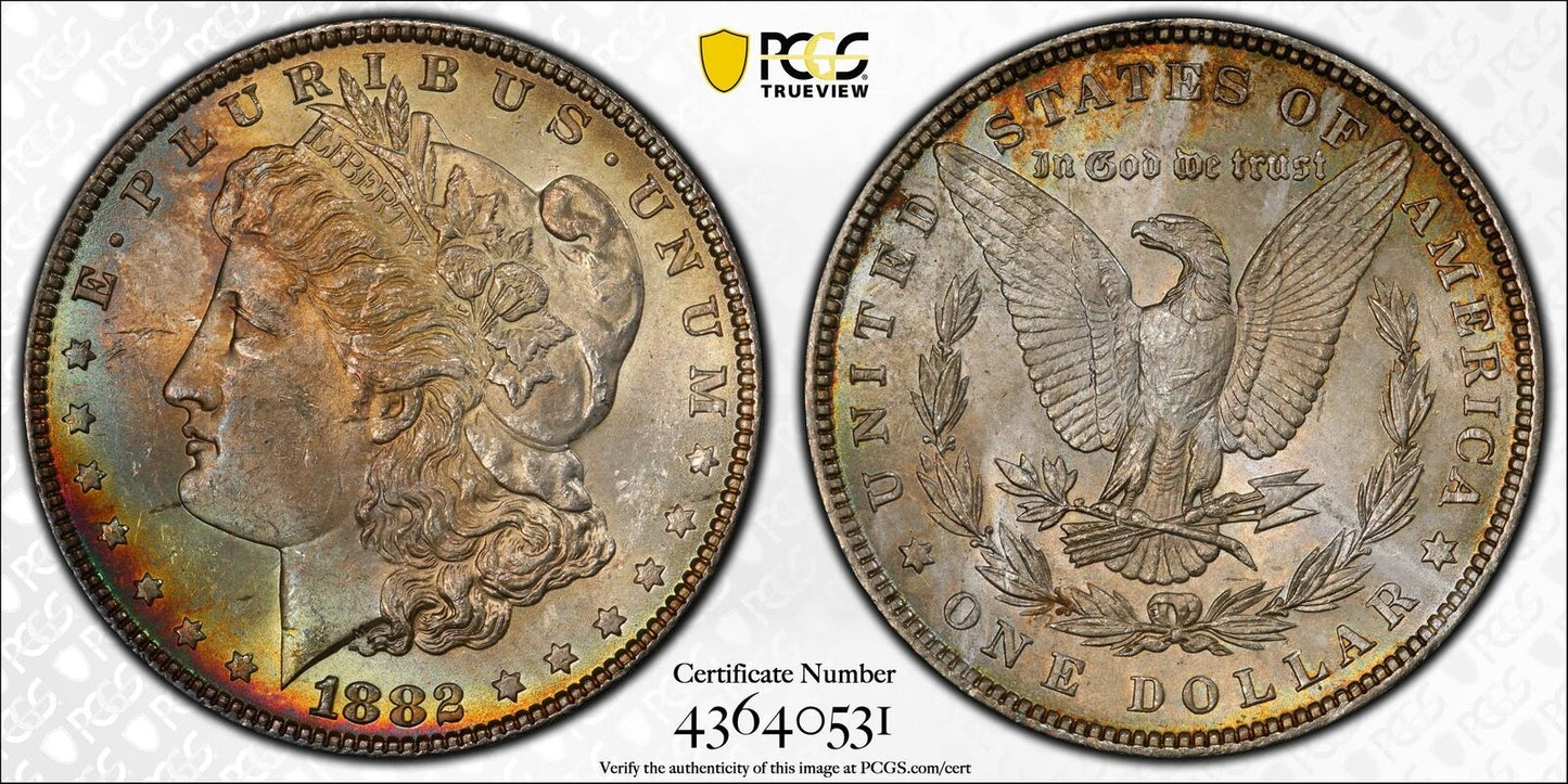 1882 $1 PCGS MS63 Morgan Silver Dollar Rainbow Toning