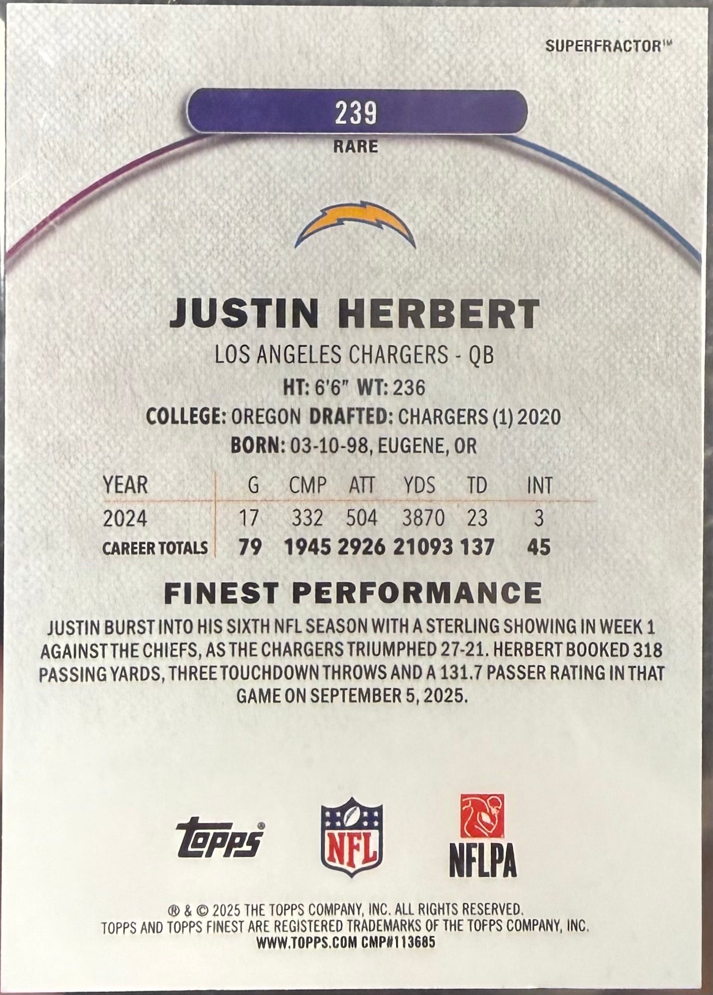 2025 Topps Finest Justin Herbert 1/1 Superfractor Rare Variation