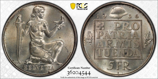 1936 B 5 FRANC PCGS MS 65 SWITZERLAND