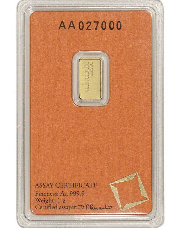 1 gram Gold Bar - Valcambi Suisse - 999.9 Fine in Sealed Assay