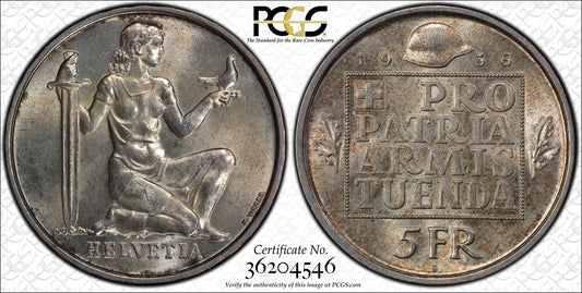 1936 B 5 FRANC PCGS MS 64 SWITZERLAND