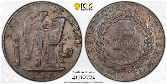 1793-AN II-A 6 LIVRES PCGS XF45 FRANCE GAD-58 NO DOT, 1ST SEM.